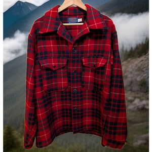 Vintage Pendleton Plaid Wool Jacket Shirt Size L Red Made in USA 60's 70's Men's